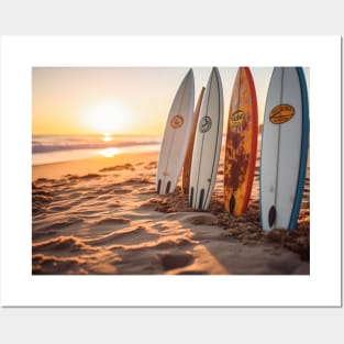 Surfboards on the sunset beach sand Surf lifestyle Posters and Art